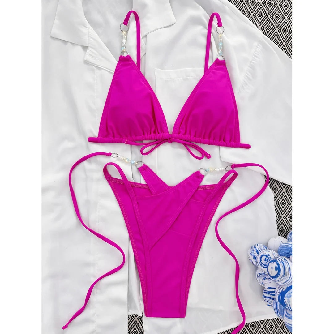 Sexy Halter Pearls Strappy Bikini Female Swimsuit Women Swimwear Two-Pieces Bikini Set High Cut Bather Bathing Suit Swim V5473