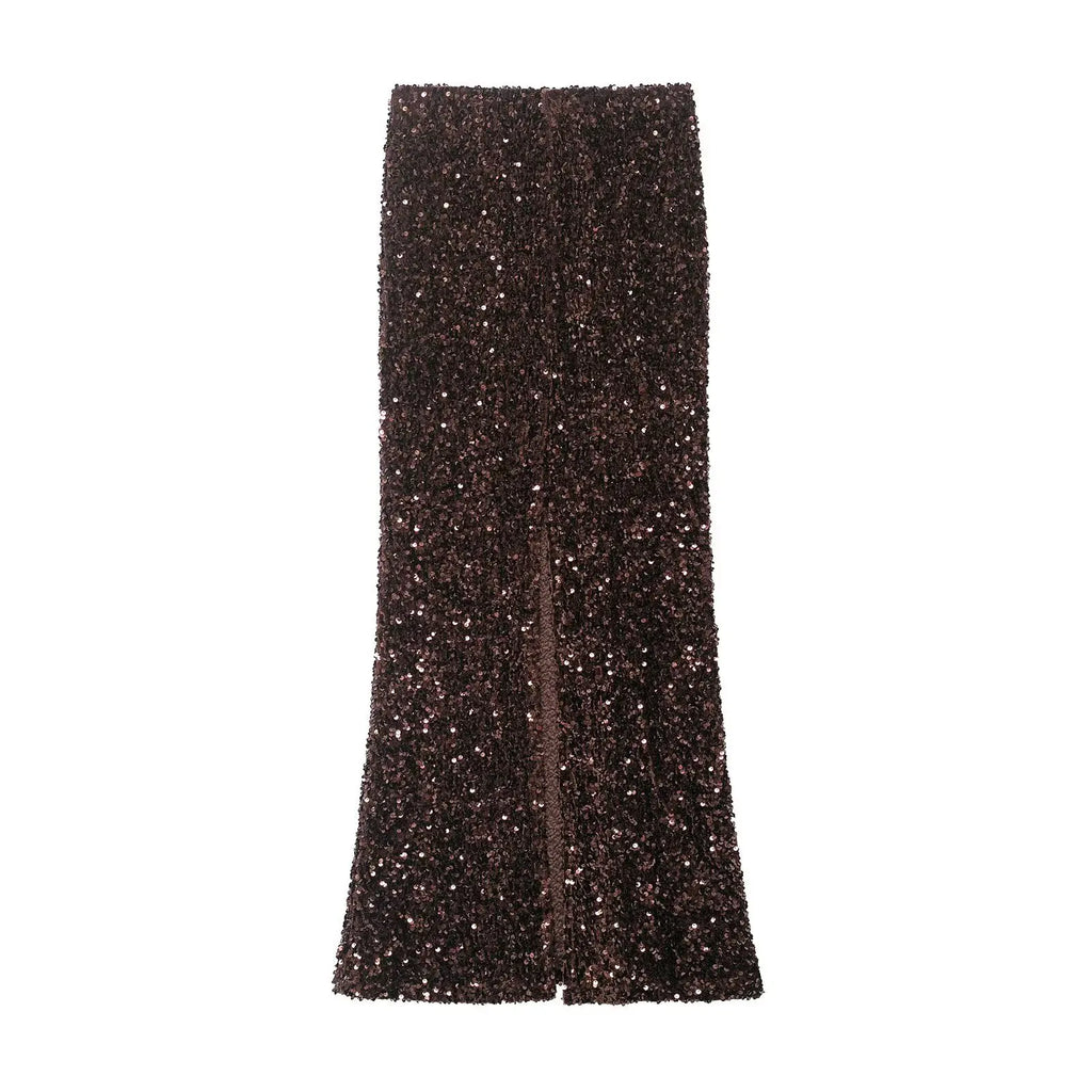 Women's Fashion Sequined Long Dress Womens Brown Sequin Mermaid Maxi Skirt High Waist Bodycon Flare Party Skirt Pure Desire N3OM
