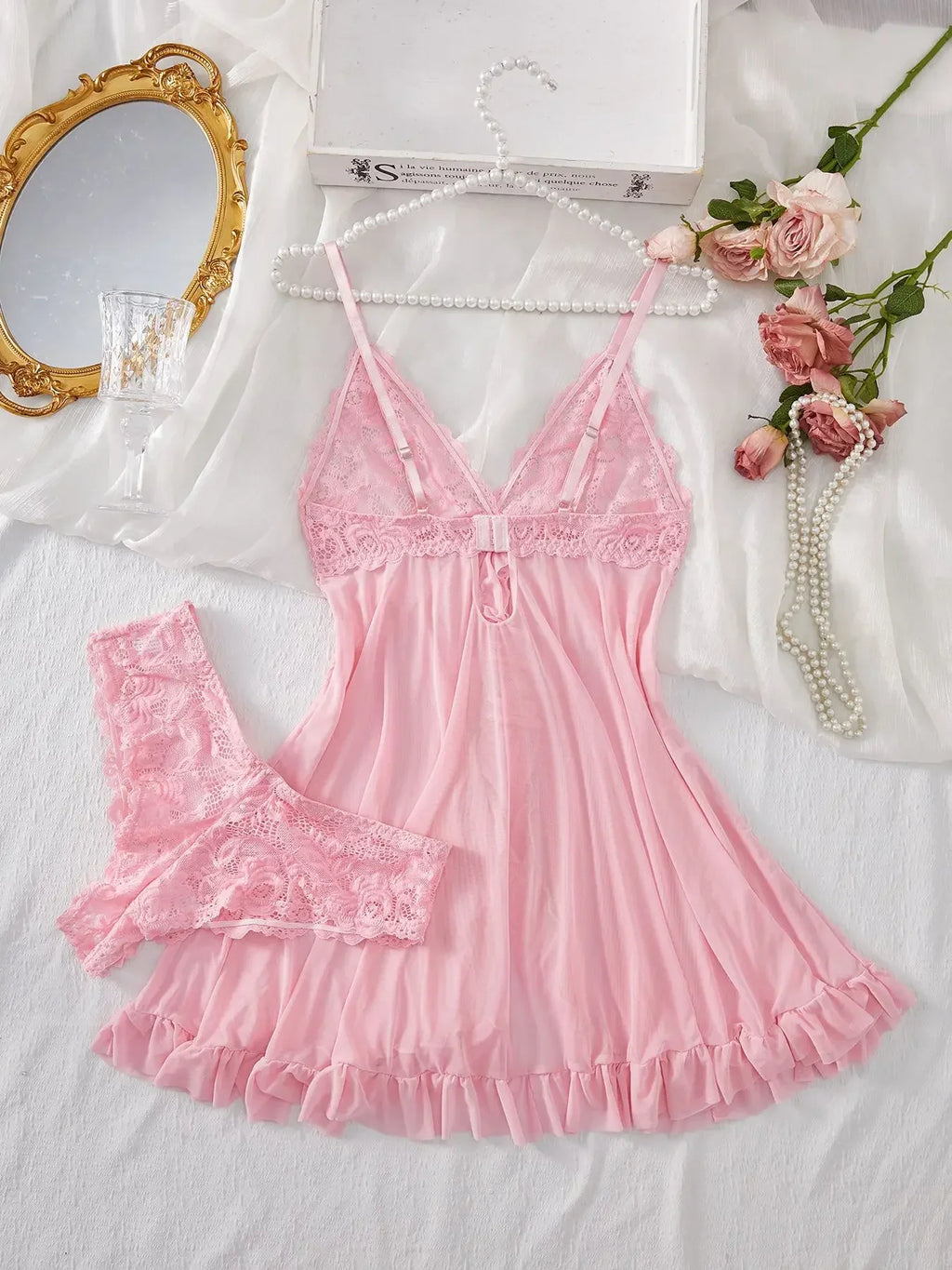 Sexy Lingerie Sleep Dress Women Nightdress Lace Sleepwear Solid Slim Soft V Neck Full Slip Dresses & Panties Set