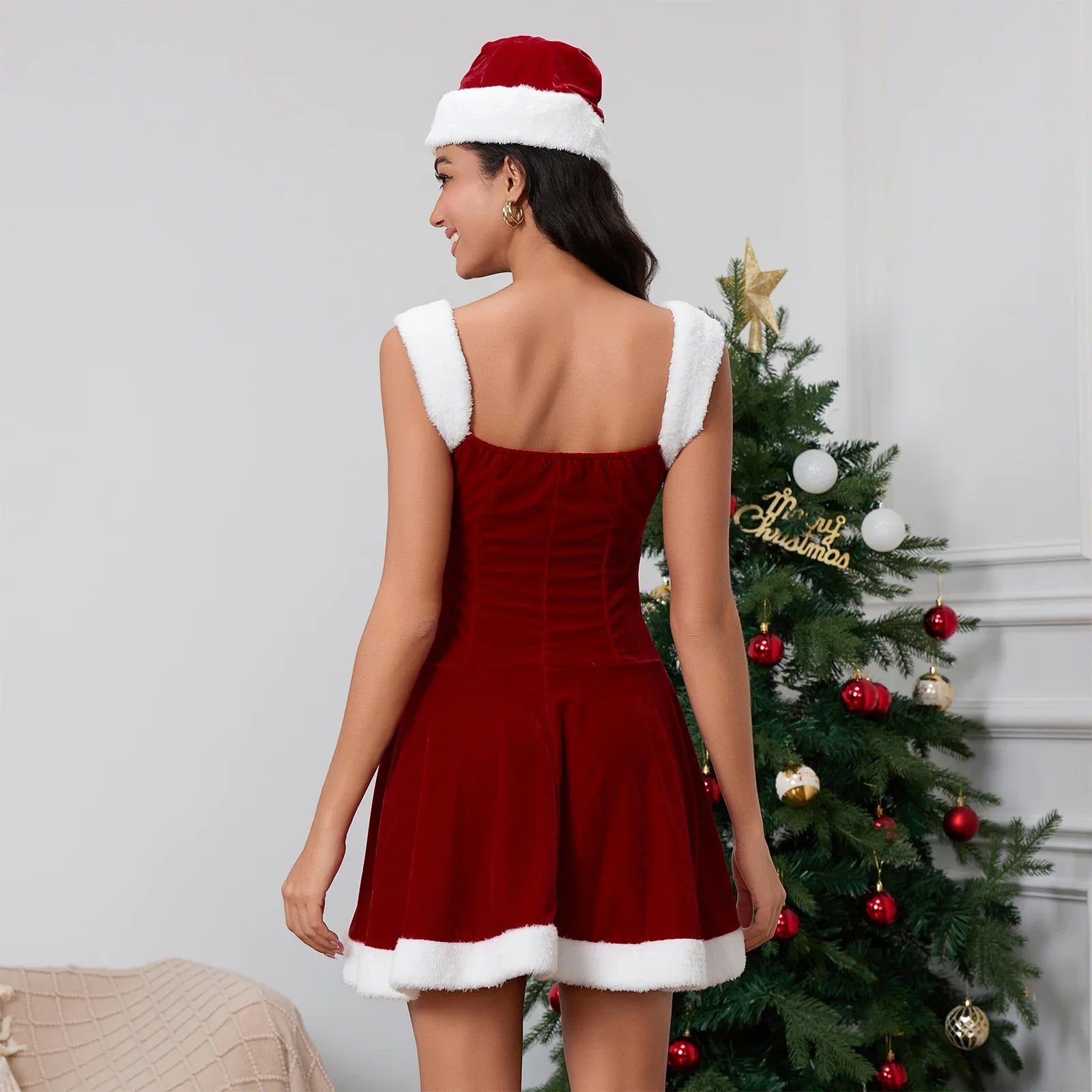 Women's Christmas Santa Dress Fashion Claus Costume Belted Velvet Dresses Santa Hat Set Cosplay Outfits