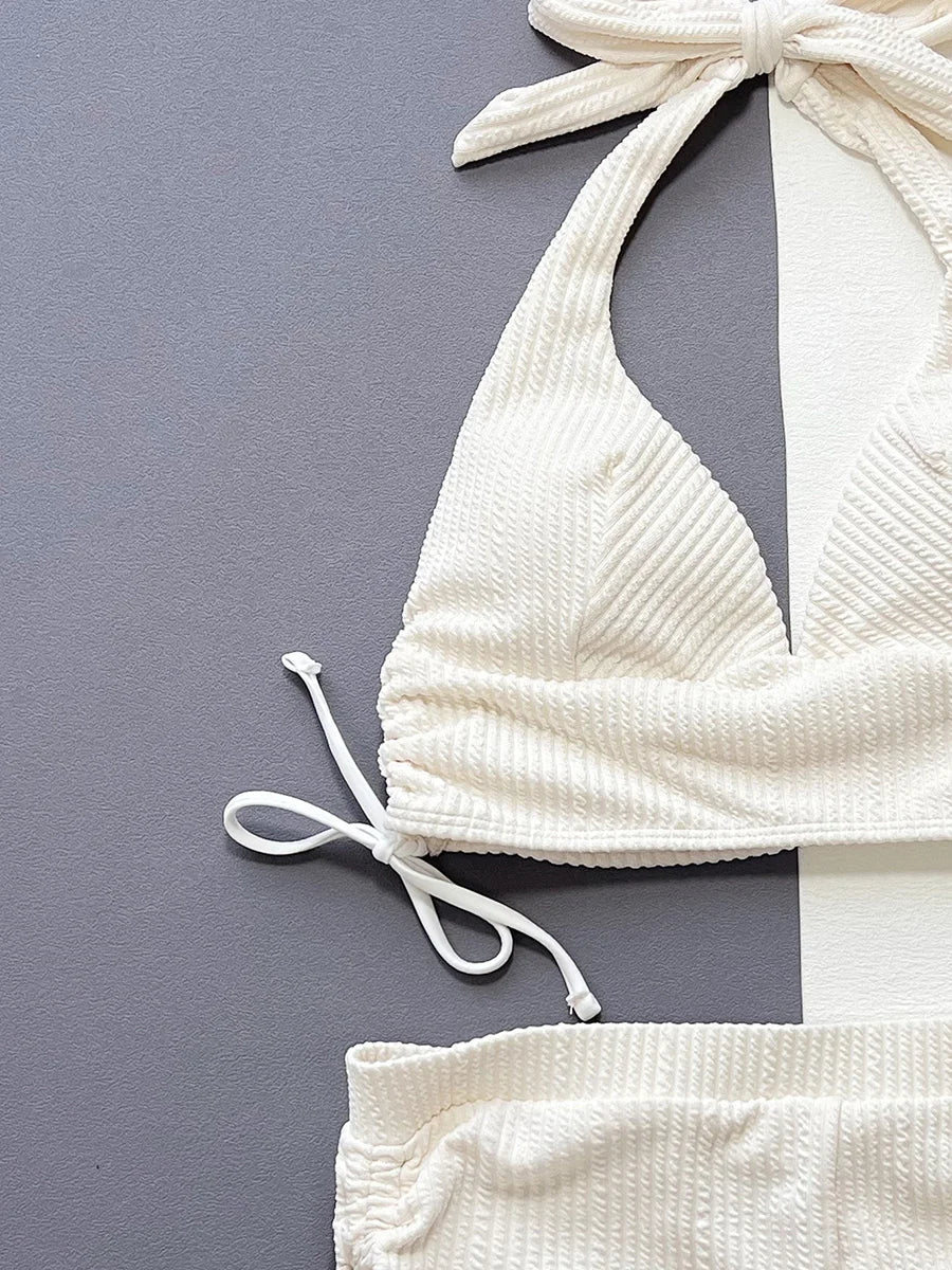 Halter V Neck Shorts Bikinis Female Swimsuit High Waist Bikini Women Swimwear Two-pieces Bikini Set Ribbed Bathing Suit Swim