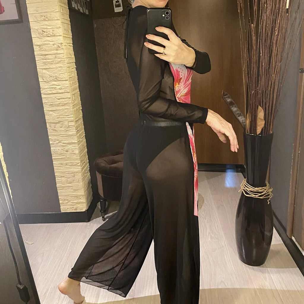 S - XL New Flower Printed Floral Long Sleeve With Pants One Piece Swimsuit Women Swimwear Female Bather Bathing Suit Swim V7099