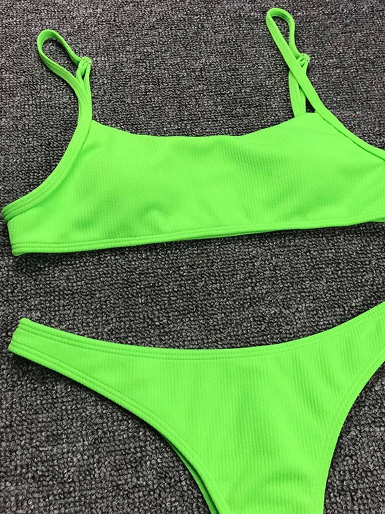 Sexy Neon Yellow Ribbed Brazilian Bikini Women Swimwear Female Swimsuit Two-pieces Bikini Set High Cut Bather Bathing Suit Swim