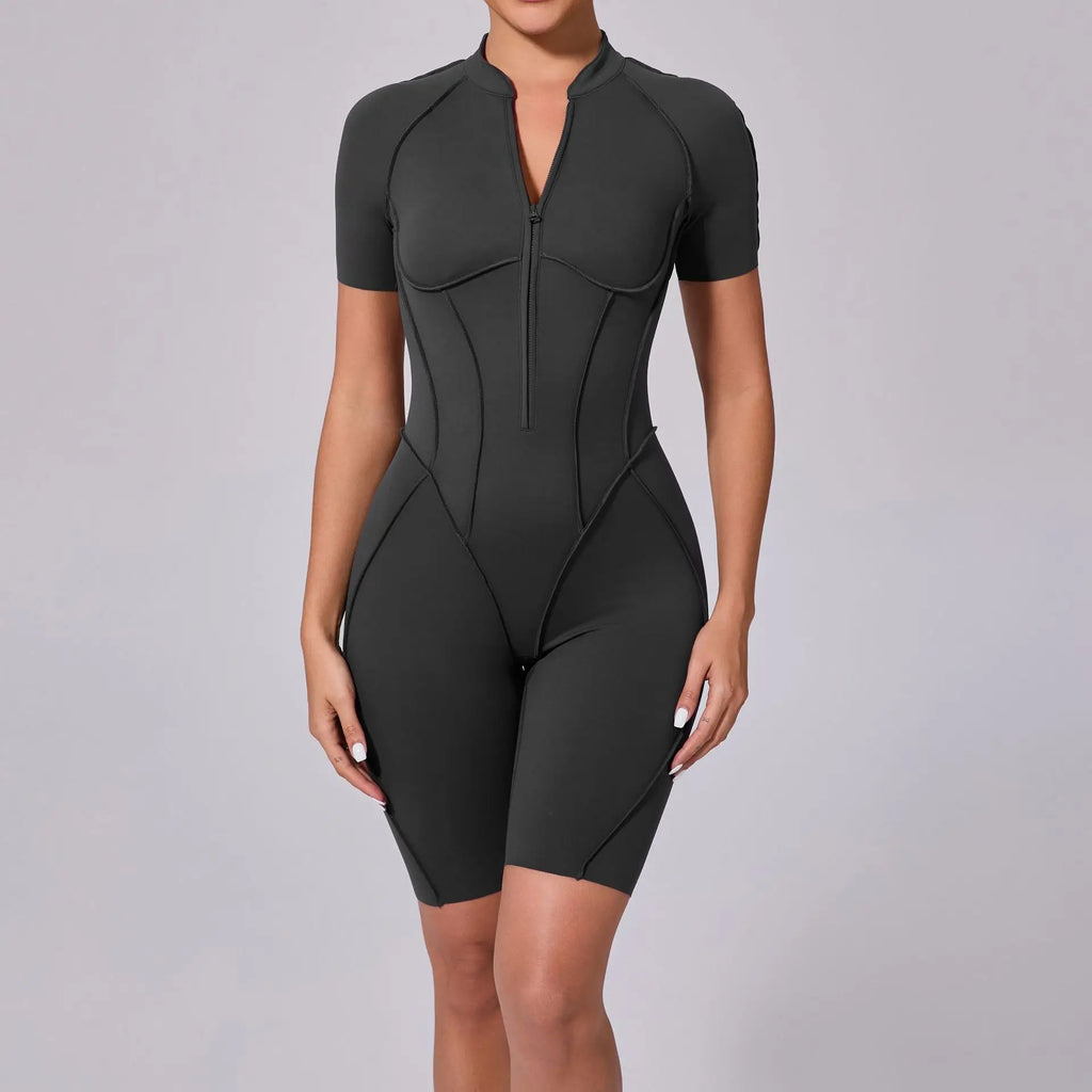 Summer Zipper Short Sleeve Yoga Jumpsuit Women Outerwear Sports Fitness Hip-lifting Backless One-piece Workout Gym Tracksutis