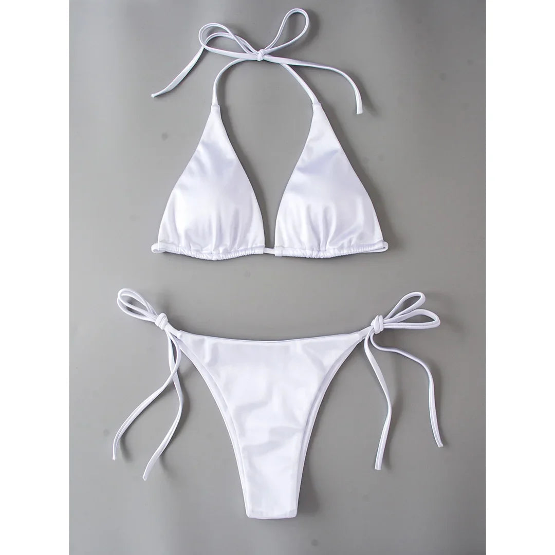 Sexy 13 Colors Halter Satin Brazilian Bikini Women Swimwear Female Swimsuit Two-pieces Bikini set Bather Bathing Suit Swim V4966