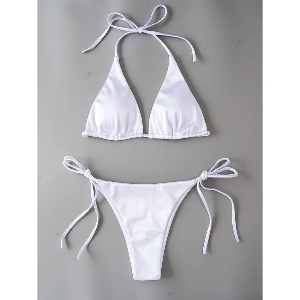 Sexy Satin Halter Brazilian Padded Bikini Female Swimsuit Women Swimwear Two-Pieces Bikini Set Bather Bathing Suit Swim V4966S