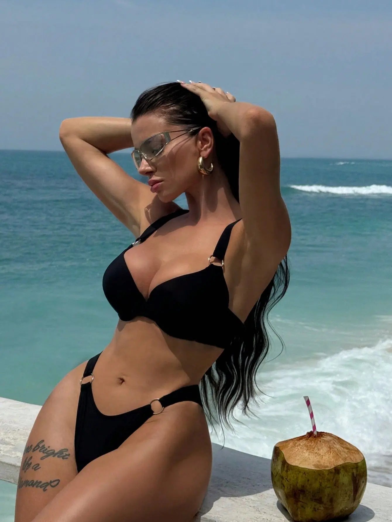 Sexy Black Swimwear Woman 2025 Metal Ring Push Up Padded Bikini Set Summer Bathing Suit Holiday Two Piece Swimsuit Biquini