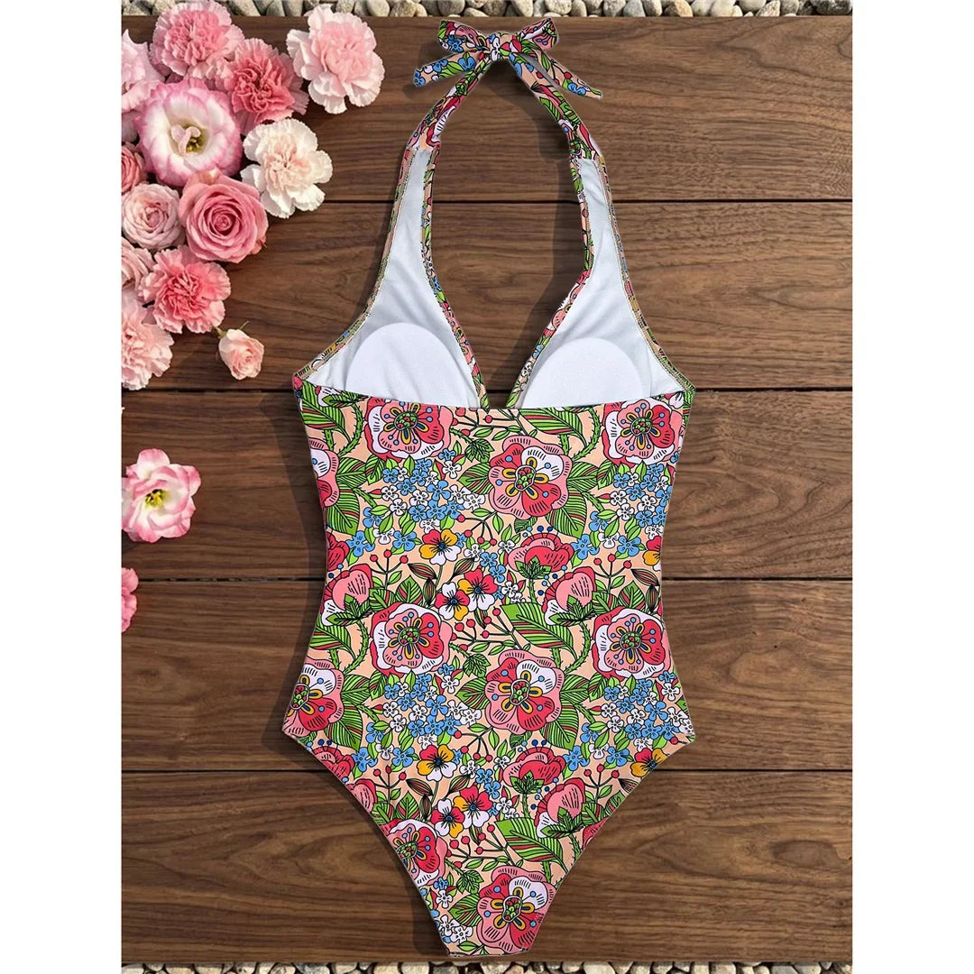 S - XL 2026 Flower Printed Floral V Neck Women Swimwear One Piece Swimsuit Female Halter Monokini Bather Bathing Suit Swim V8221