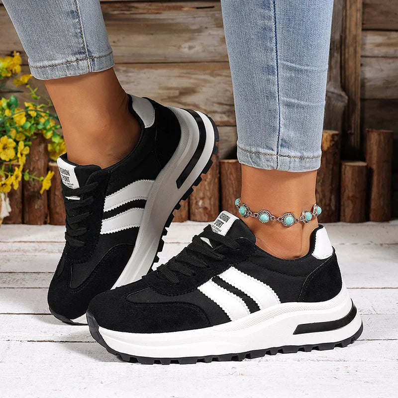 Fashion Stripe Thick Bottom Sneakers Women 2026 Autumn Platform Lace Up Sport Shoes Woman Anti Slip Thick Sole Running Shoes