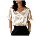 Women's Satin Short Sleeve T Shirt With Pearl Buttons Solid Color V Neck Loose Fit Elegant Office Lady Tees Summer Commuter Top