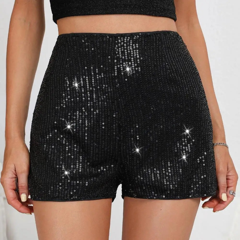 Women Shorts Shiny Sequin High Elastic Waist Straight Slim Fit Soft Breathable Above Knee Length Club Party Beach Mini Shorts