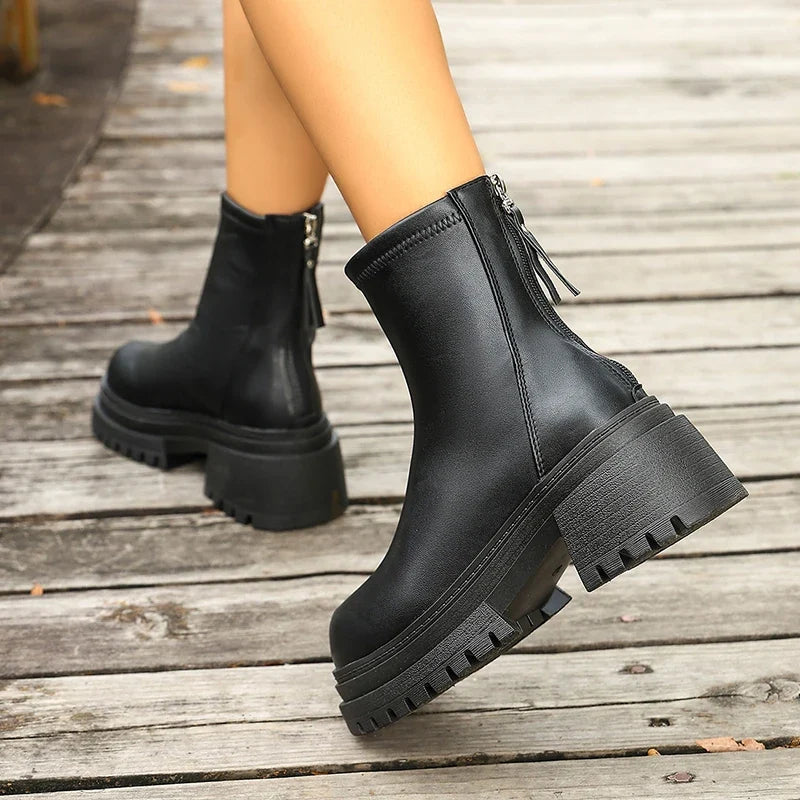 Pu Leather Black Ankle Boots Women Plus Size 42 Back Zipper Platform Boots Woman Streetwear Thick Sole Motorcycle Shoes Female