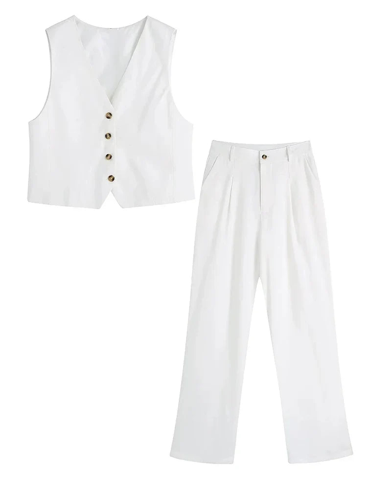 Foridol White Cotton Linen Long Pants Set Sleeveless Vest Pants Suit Office Lay Autumn Summer Wide Leg Casual Fashion Set Outfit