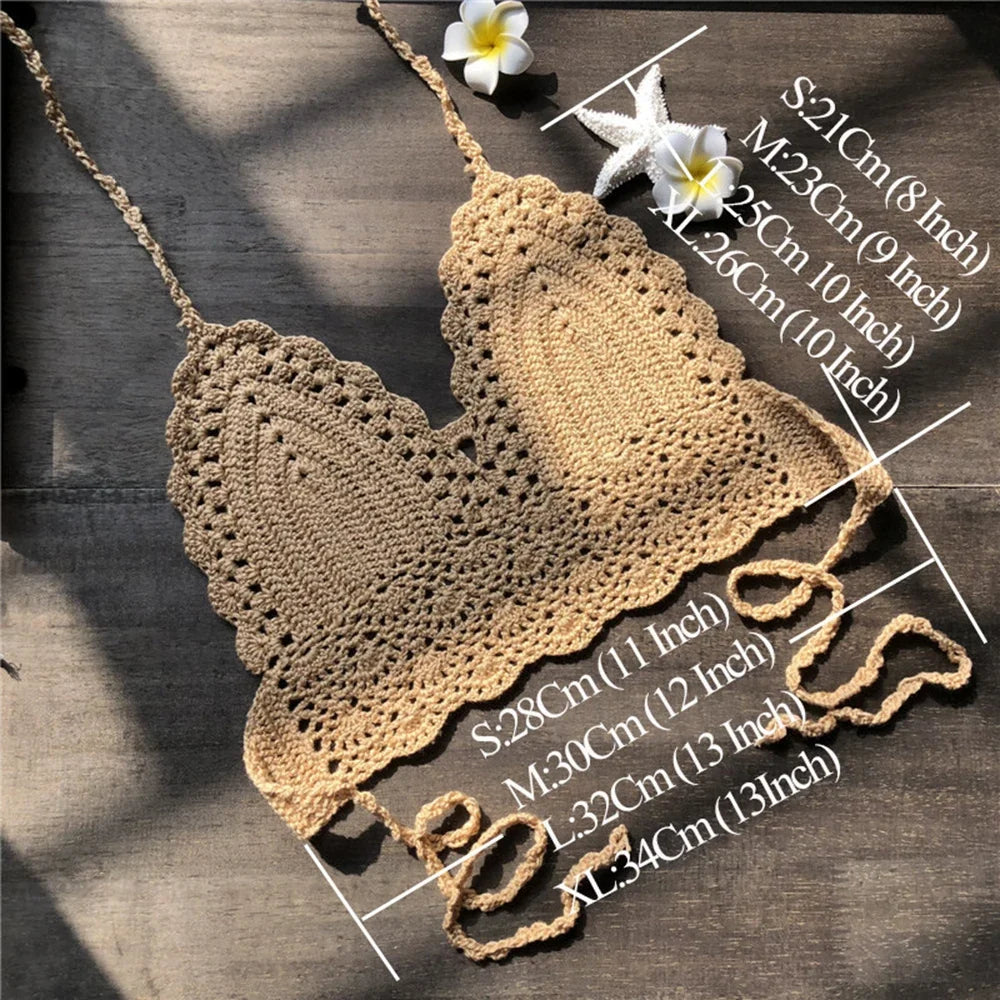 Sexy Crochet Crop Top Bikini Crop Top Women Crochet Boho Beach Camisoles Bikini Bralette Halter Cami Knitted Bra Backless