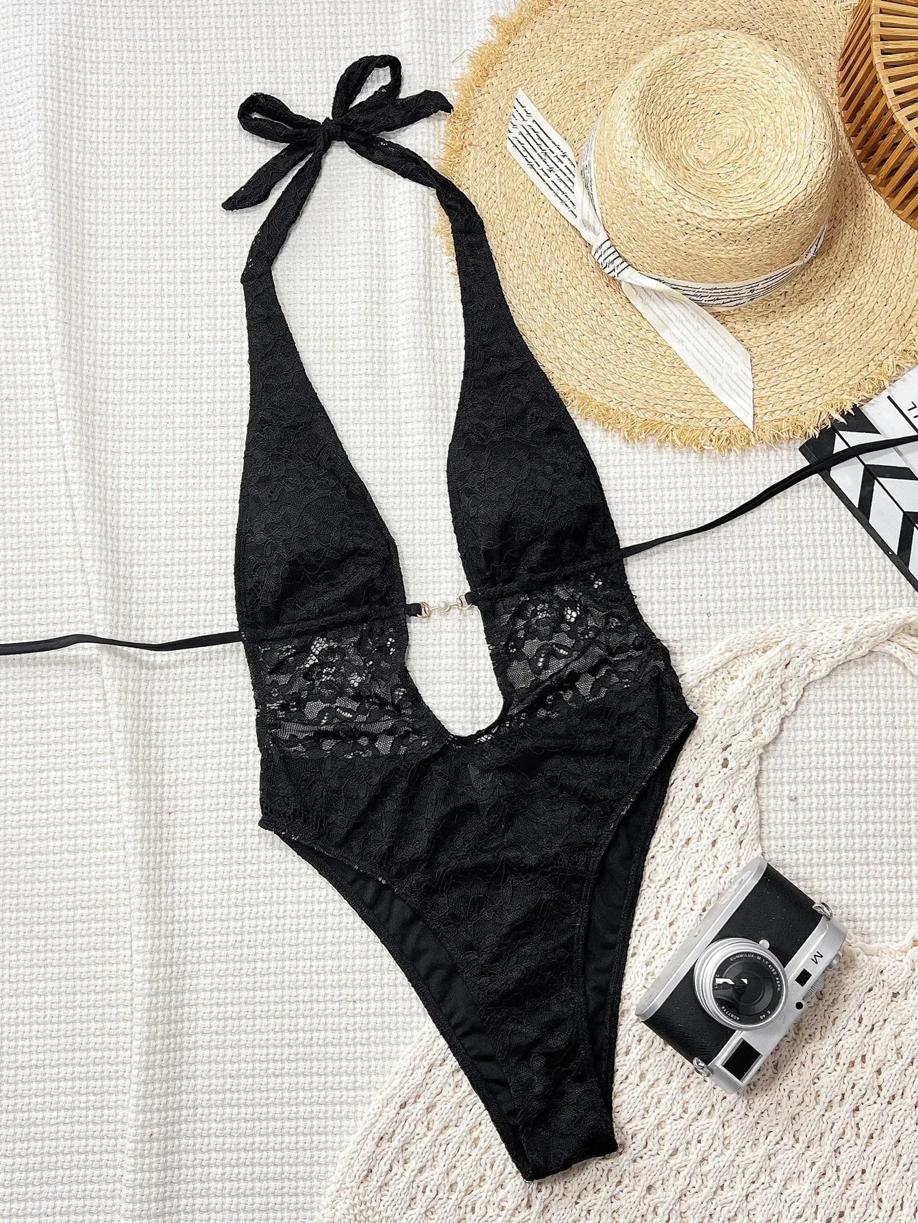 Sexy Black Lace Contrast One Piece Swimwear Women 2026 Pearls Deep V Neck Slim Tummy Control Swimsuit Holiday Bathing Suits