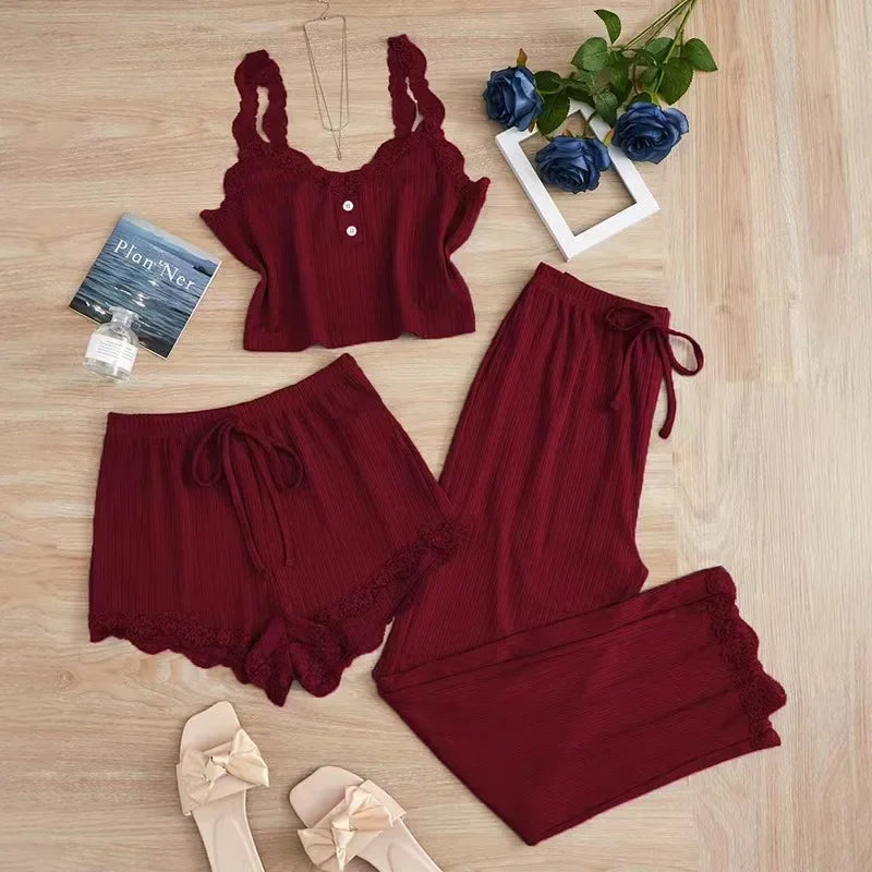 3PCS Pajamas Set for Women Sleepwear Solid Vest Shorts and Pants Paired with Lace Splicing for Homewear Loungewear