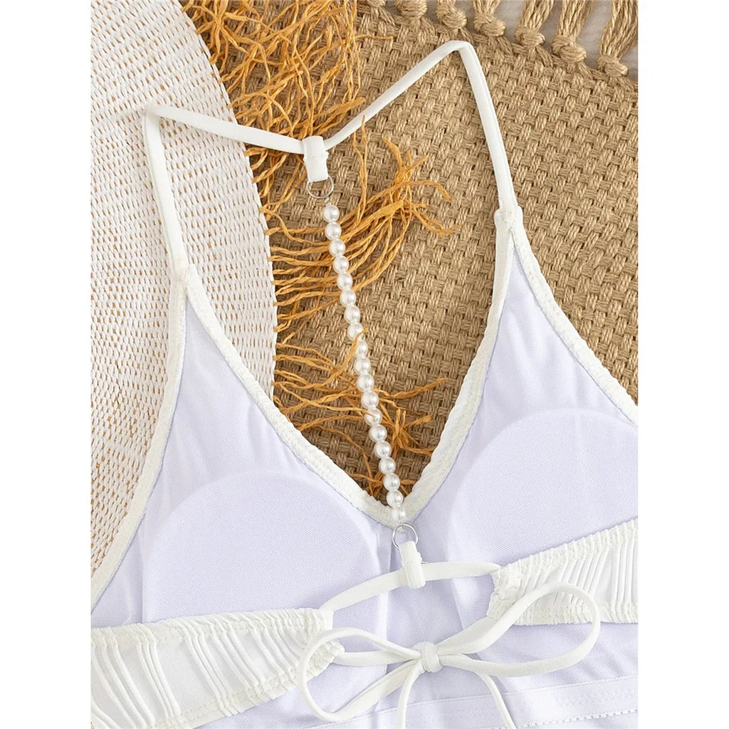 S - XL Sexy Pearls Wrinkled V Neck Women Swimwear One Piece Swimsuit Female Backless High Cut Leg Bather Bathing Suit Swim V7720