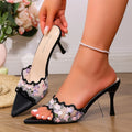 Elegant Floral Embroidery Mesh Mule Slides Shoes Women Wavy Edge Pointed Toe Slip On Thin Stiletto High Heel Sandals
