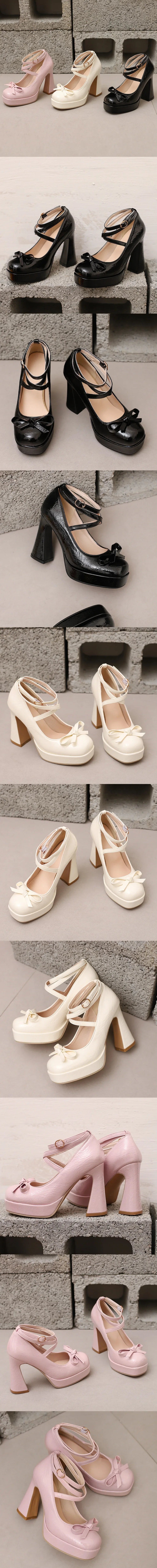 Big Size 45 Women's Sweet Pink Mary Jane 10.5cm High Heels Pumps Lolita Round Toe Bow Cross-Strap Platform Chunky Heel Shoes