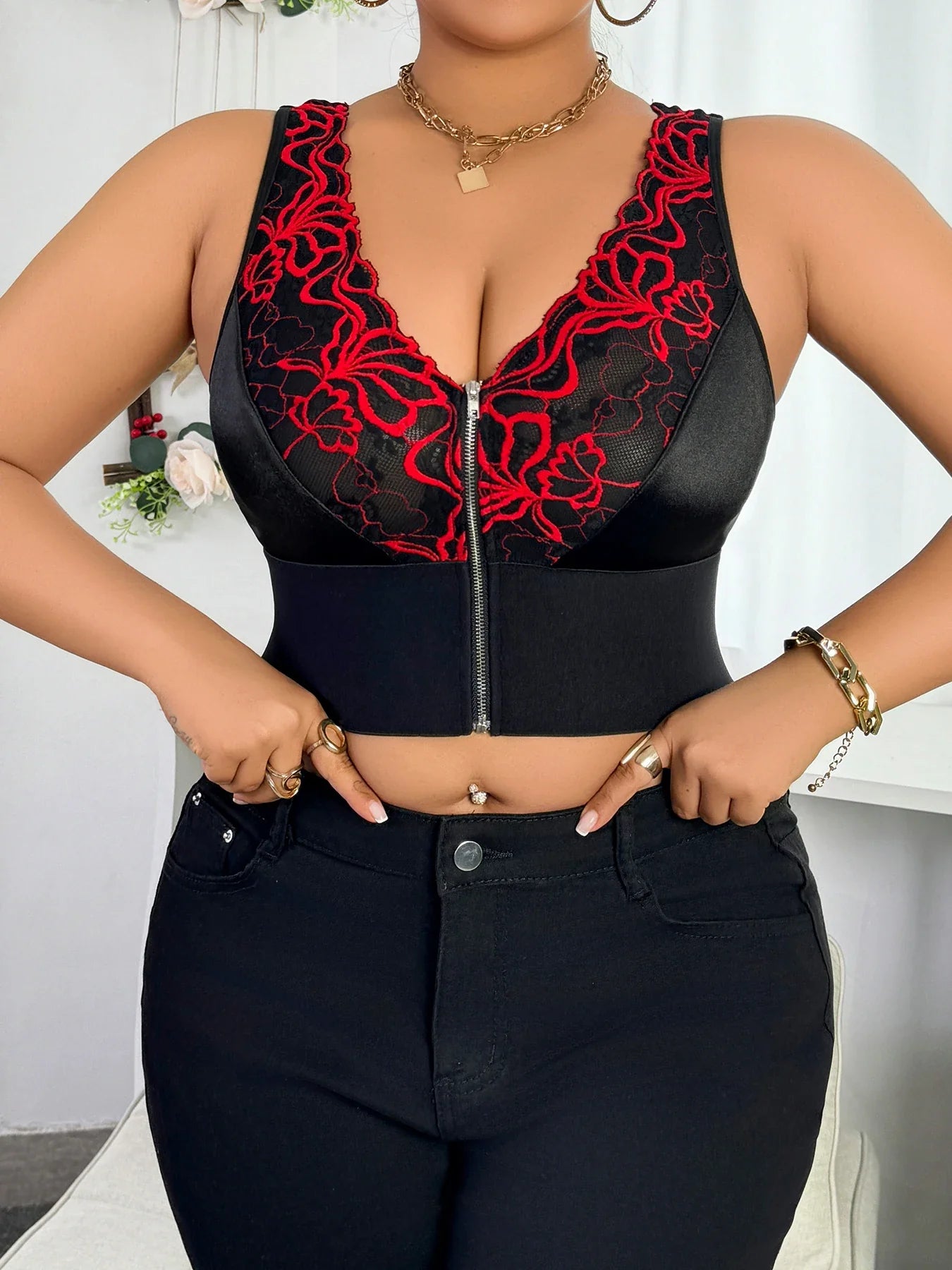 Plus Size Baddie Lingerie Set, Embroidered Zipper Front Deep V Wireless Push-up Bra