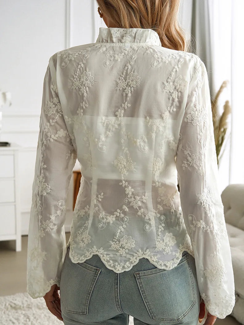 Phantasy Floral Embroidery Blouse Women Long Sleeve Loose Tunic Shirt Vintage Blouse Y2K White Tops Fashion Female Streetwear