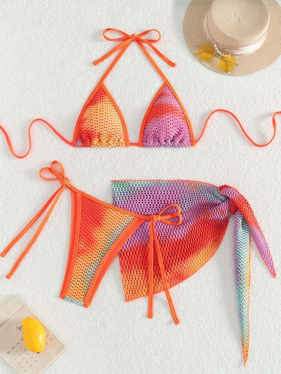 3PCS Printed with Mesh Skirt Halter Bikini Women Swimsuit Female Swimwear Three-pieces Bikini Set Bathing Suit Swim Beachwear