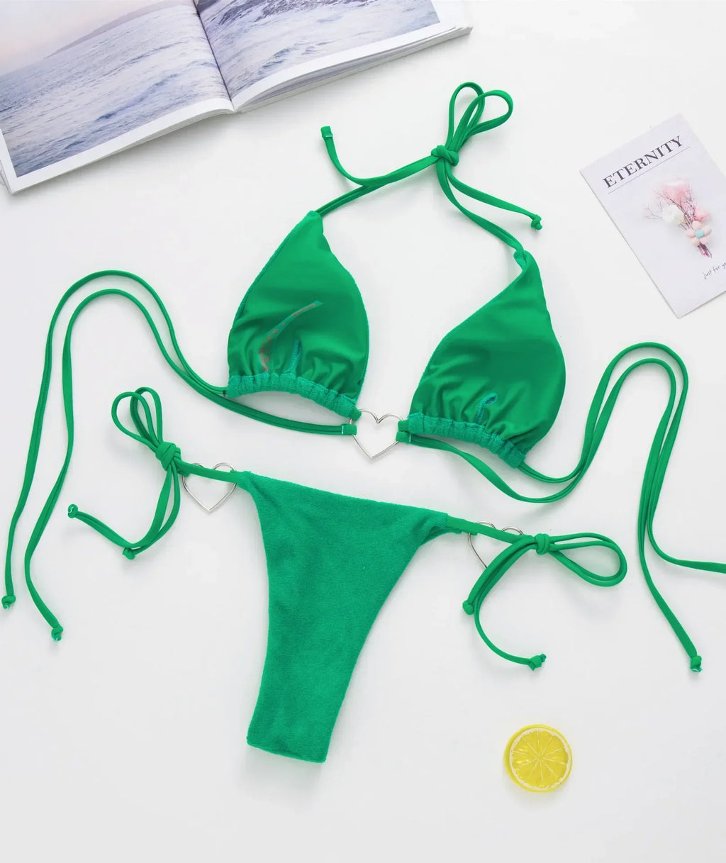 Love Shaped Metal Rings Bikinis Halter Velvet Bikini Women Swimwear Female Swimsuit Two-pieces Bikini Set Bathing Suit Swim Lady