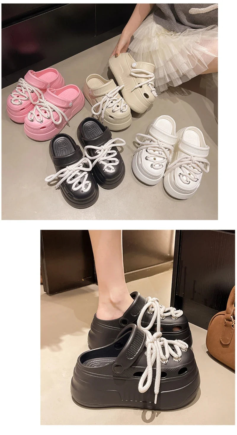2025 Women Platform Slippers DIY Lace-up Leisure Clogs Summer Garden Shoes Thick Sole Female Home Beach Slides Street Sandals