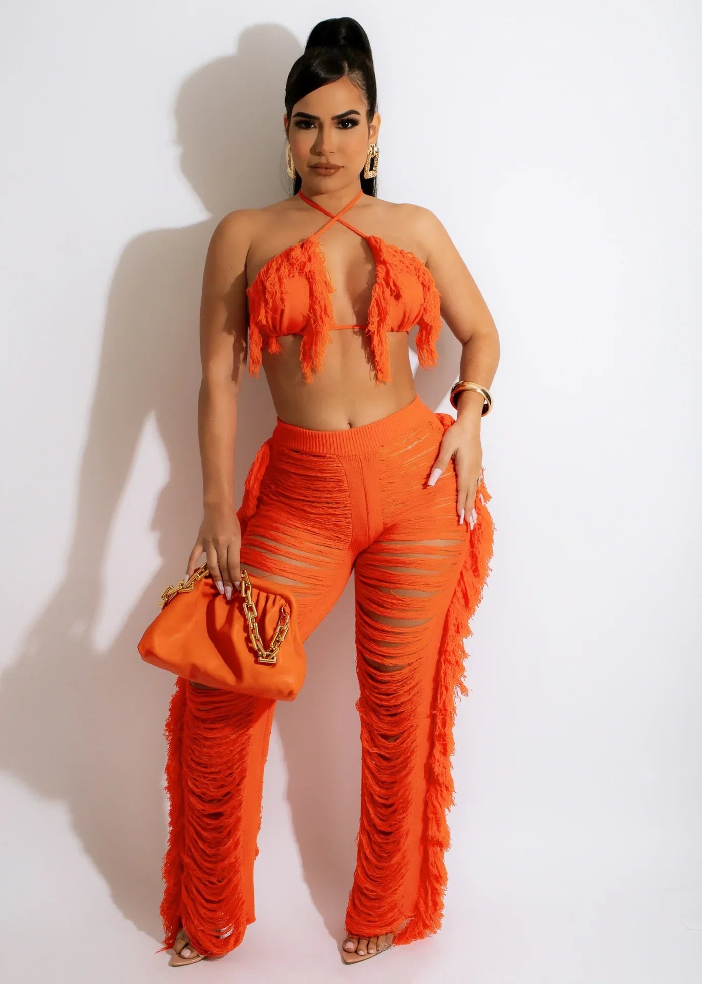 DEKAWomen Tassel Pants Knitted Bra Top Bikini Set Swimsuit Handemade Crochet Bikini Cover Up Tassel Beach Long Wrap Pant