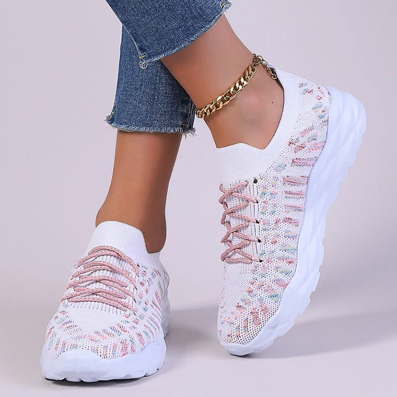 Mixed Color Knitted Platform Sneakers Women Spring Summer Casual Thick Sole Sports Shoes Woman Lace Up Non Slip Walking Shoes