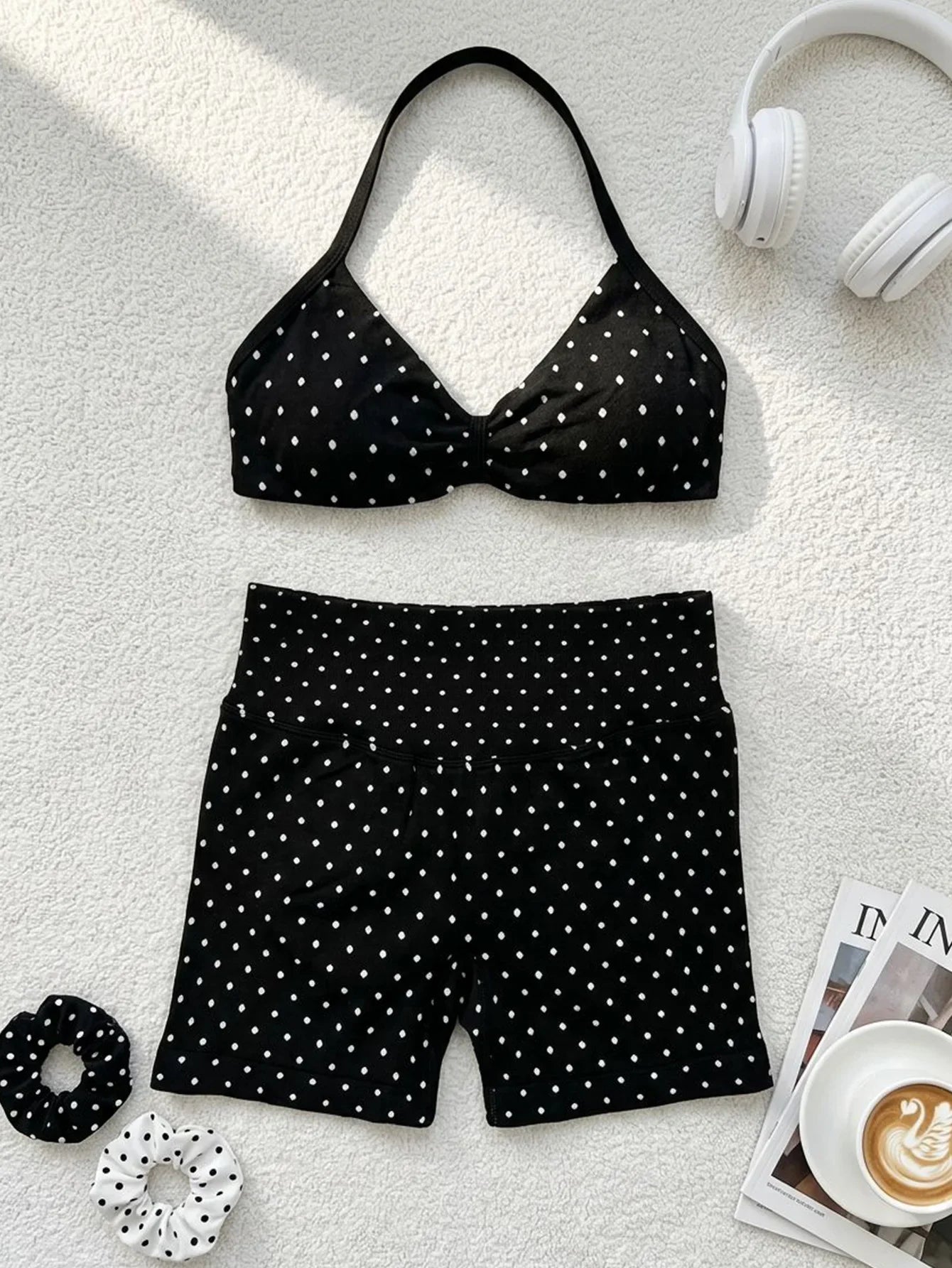 Sexy Black Polka Dot Print Seamless Yoga Sets Women Hanging Neck Pleate Sports Bra Tight High Waist Short Running Fitness Suits