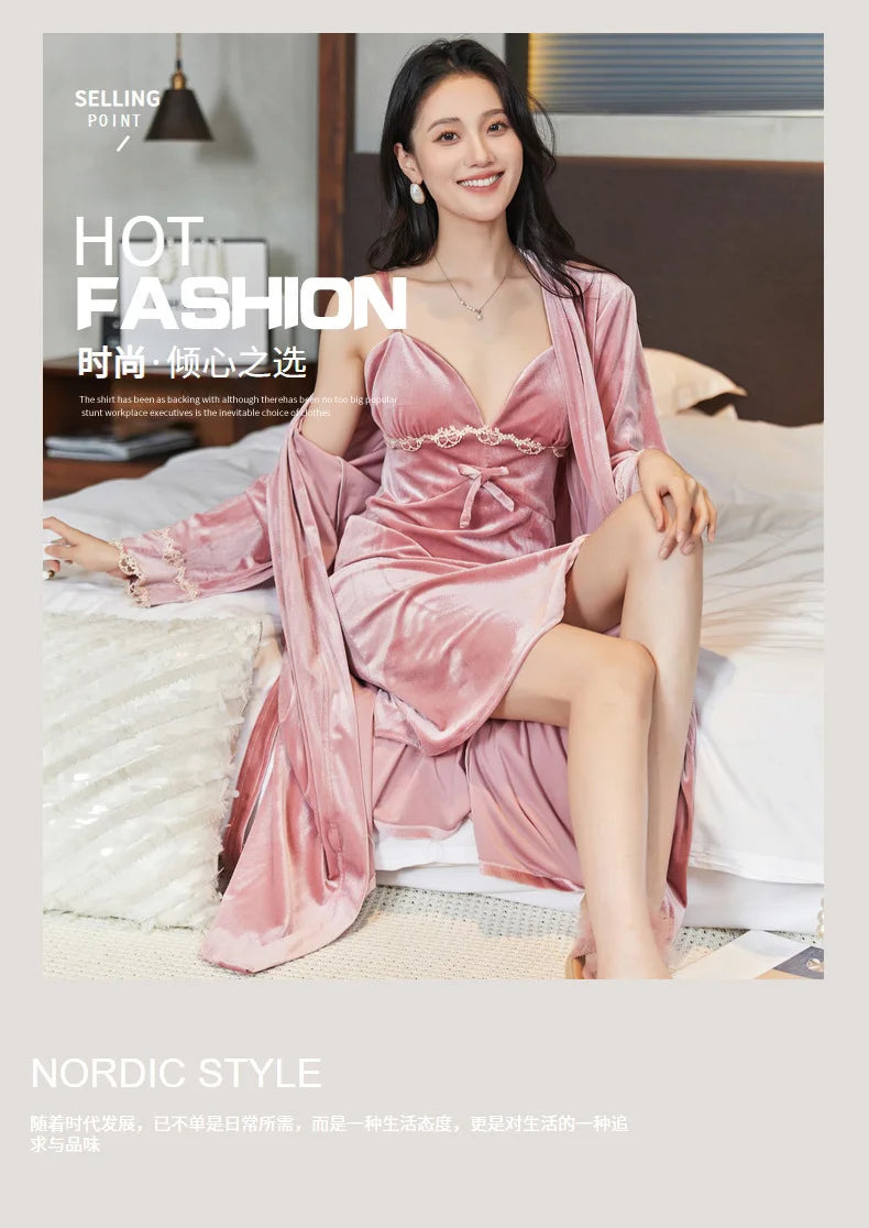 Gold velvet pajamas, autumn and winter sexy suspender nightgown, nightgown set with chest pad, large size home clothes