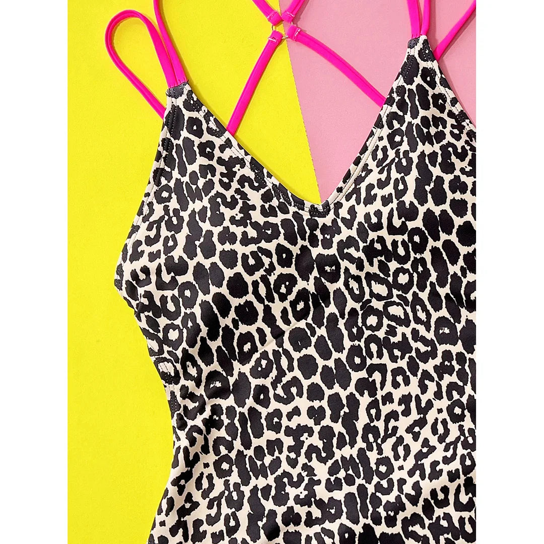 S - XL Sexy Leopard Printed V Neck Women Swimwear One Piece Swimsuit Female Backless High Leg Cut Bather Bathing Suit Swim V4808