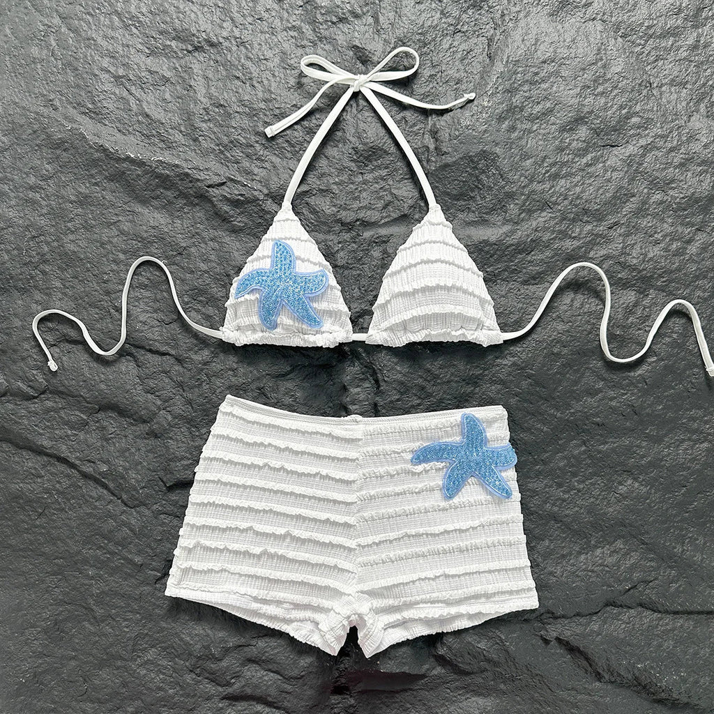 Vintage Two Piece Bikini Set 2026 Women White Black Starfish Ornament Push Up High Waist Swimsuit Holiday Bathing Suit Swimwear