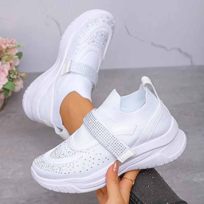 Shiny Crystal White Platform Sneakers Women Comfort Knitted Breathable Walking Shoes Woman Casual Non-Slip Sport Shoes Ladies