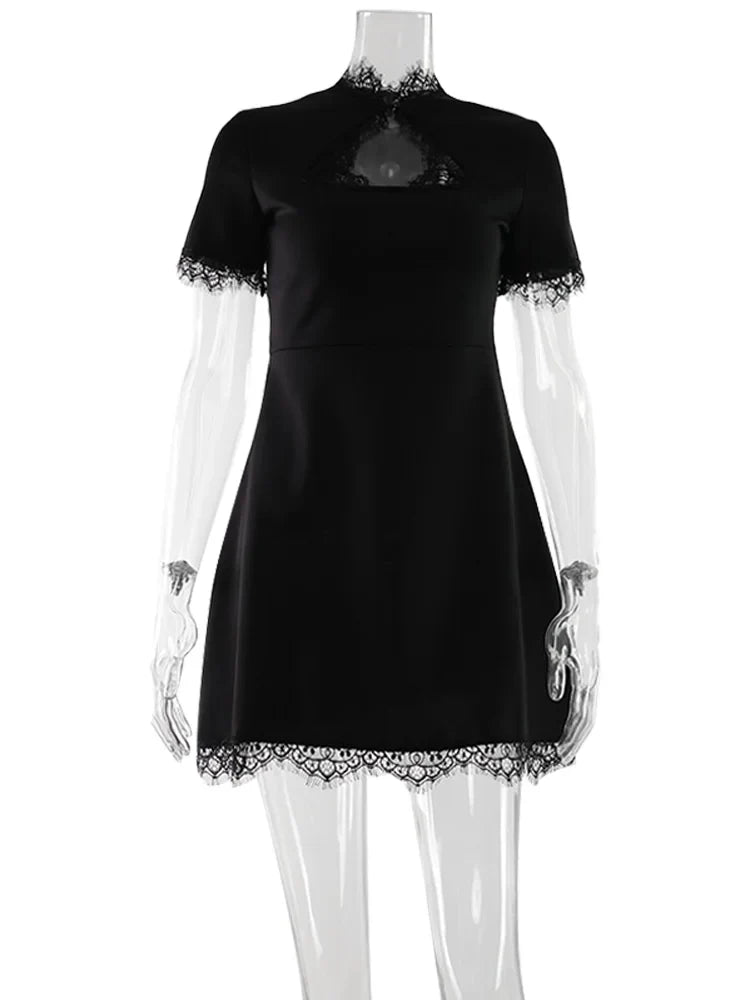 Ahagaga Sexy Women's Mini Dresses Patchwork Short Sleeves Lace Hollow Out Slim Fit Trend Baisc Turtleneck Streetwear Female Robe
