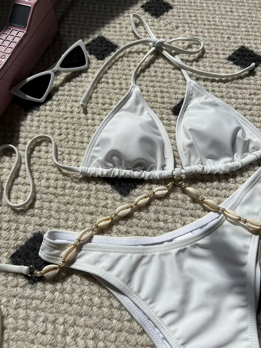 Halter Wrap Around Shell Decorated Bikini Women Swimwear Female Swimsuit Two Pieces Bikini Set Bathing Swimming Swim Suit Swim