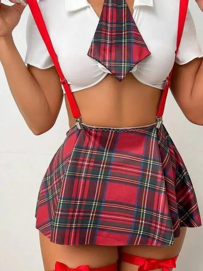 New Sexy Role Play Mesh JK Uniform Sexy Schoolgirl Outfit Women Corset Top Plaid Checkered Mini Skirt With Suspenders Charm TYHF