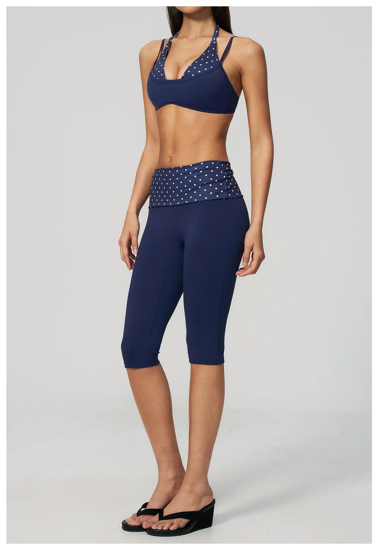 Summer Polka Dot Yoga Sets Women Hanging Neck Shockproof Sports Bra Fitness Suit Folding High Waist Mid Pants Gym Tracksuit
