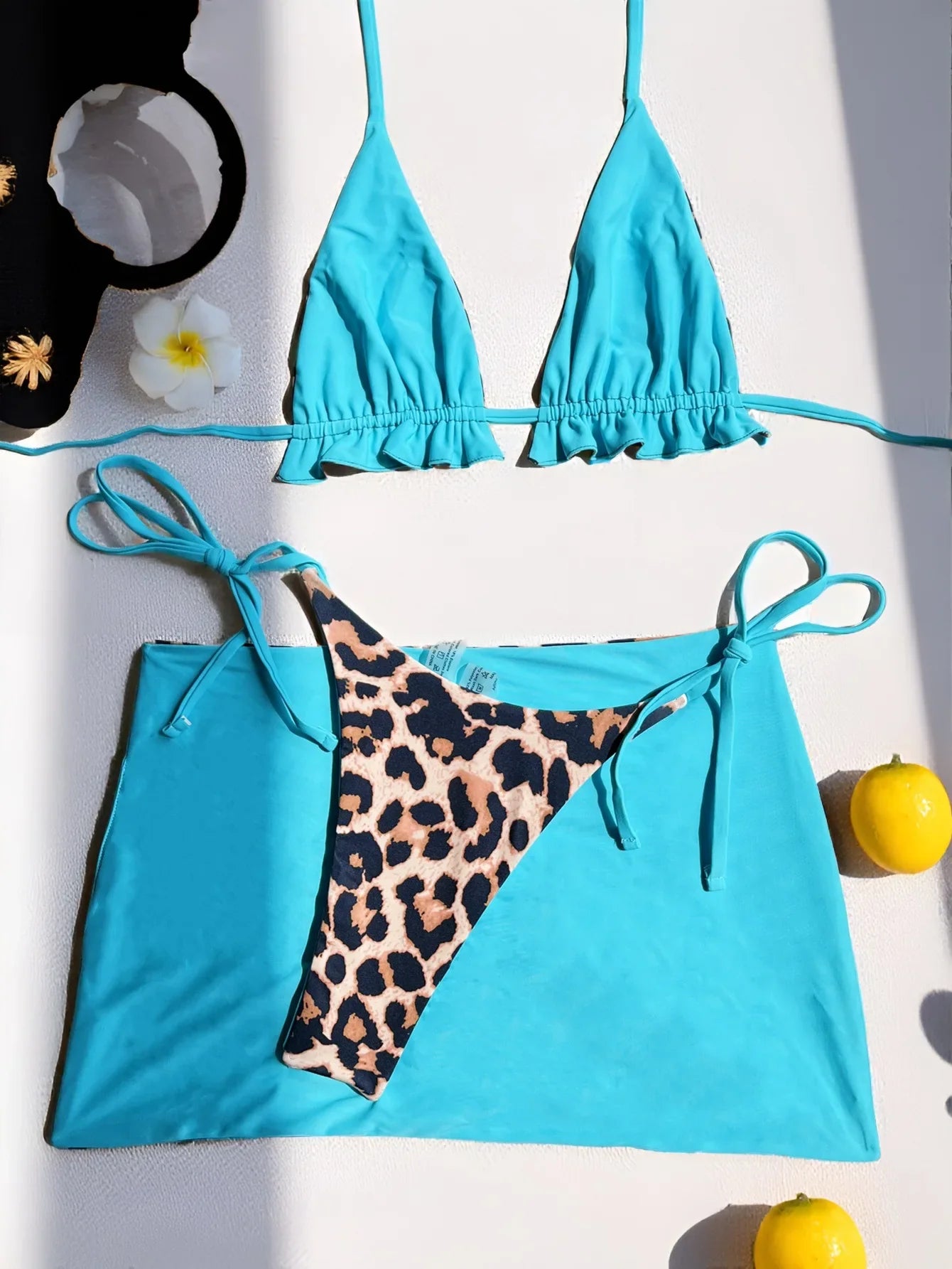 2026 Summer Leopard Print 3 Pieces Suit Swimwear Reversible Sexy Halter Lace-up Bikini Set Drawstring Skirt Cover Up Beachwear