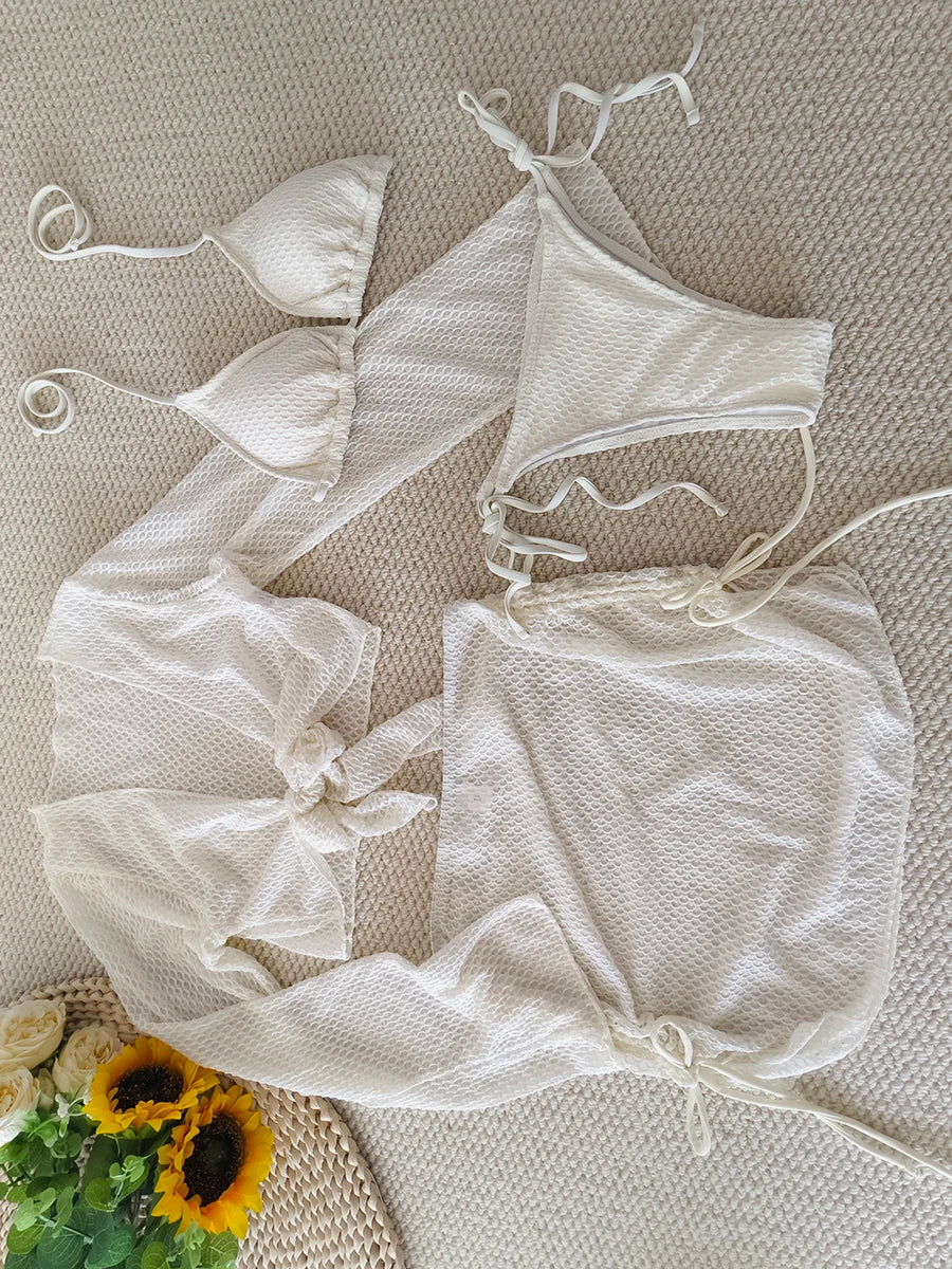 4 Pieces Halter String Bikinis 2026 Tops & Skirt Solid Swimwear Female Sexy Swimsuit Women Bathers Bathing Swimming Swim Suit