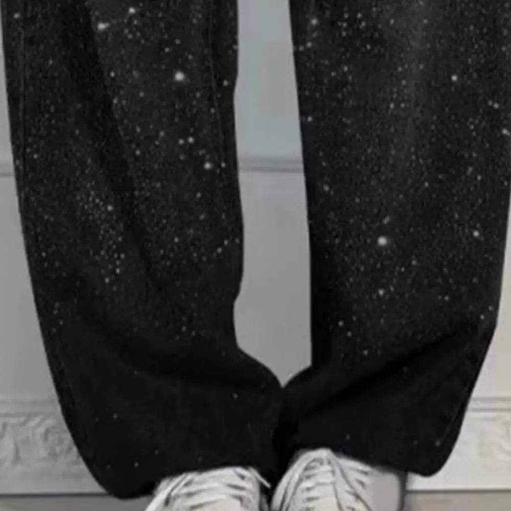 Women's Straight Leg Denim Pants High Waisted Baggy Wide Leg Bling Jeans Casual Sparkly Harem Jeans for Streetwear