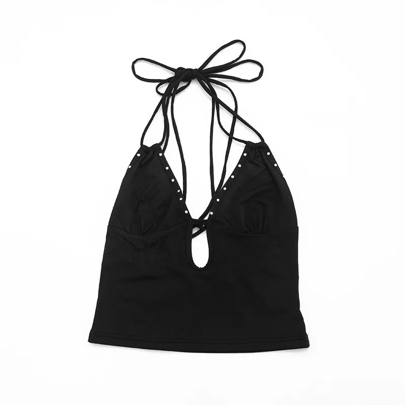 Women's Spring and Summer Camisole Studded Backless Navel Pullover Vest Top Fashionable and Sexy