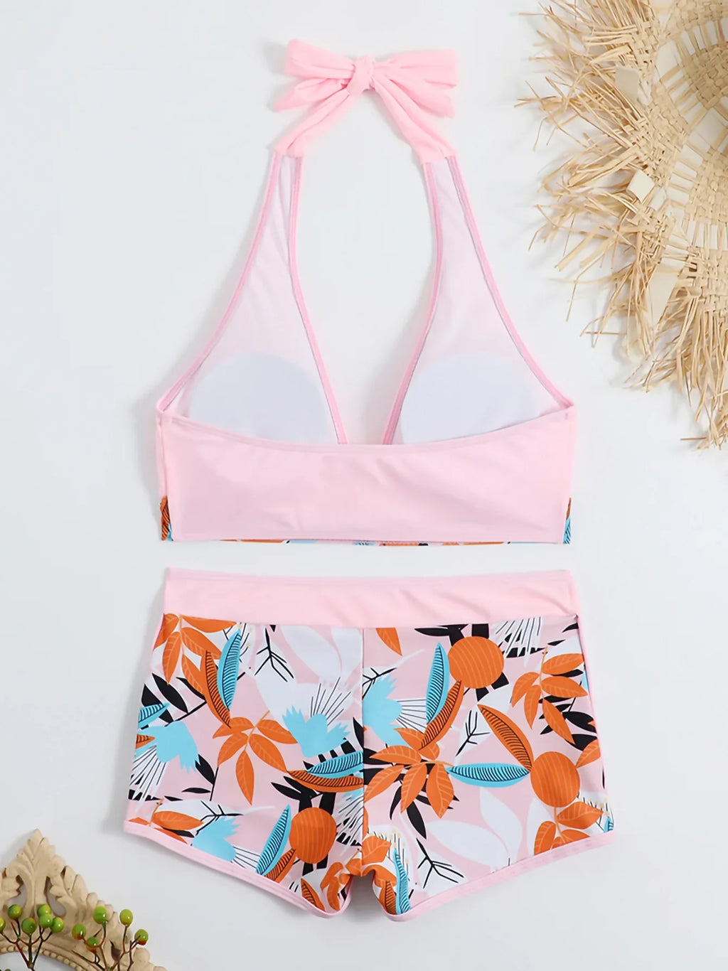 2026 Summer Women's Print Patchwork Swimsuit Sexy Deep V Neck Back Lace-up Swimwear High Waist Shorts Tankini Bathing Suit Beach