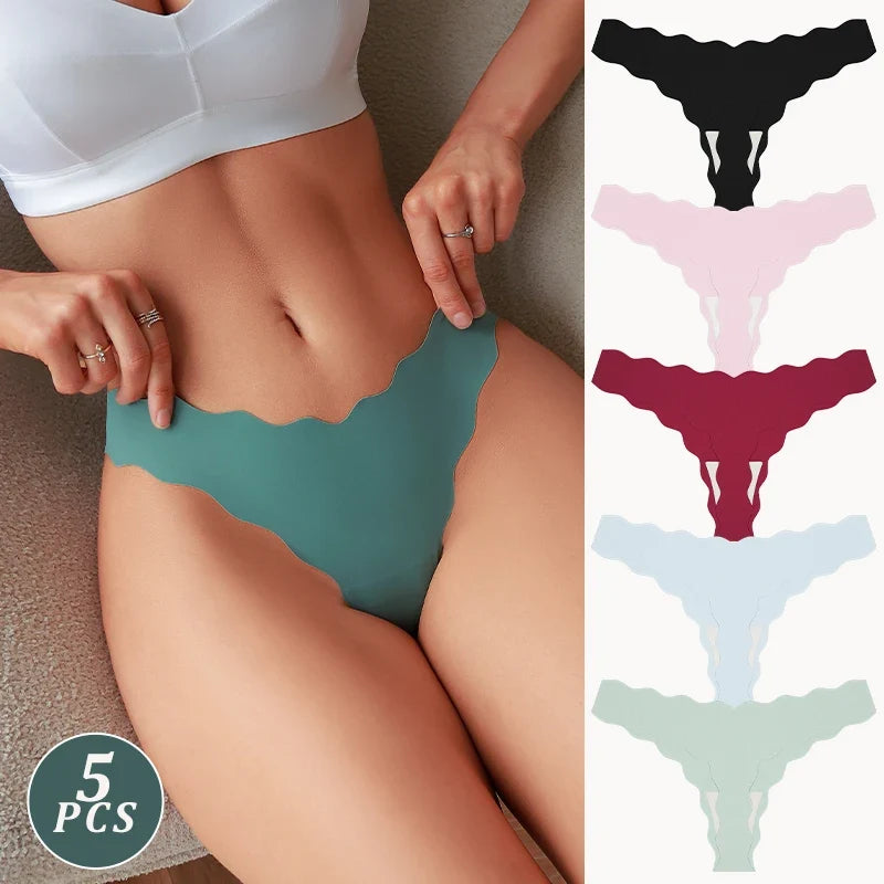5Pcs Seamless Full-Body Fan-Shaped Wave Decorative Briefs Sexy Thongs Comfortable Breathable Stretch Underwear Women's Lingerie
