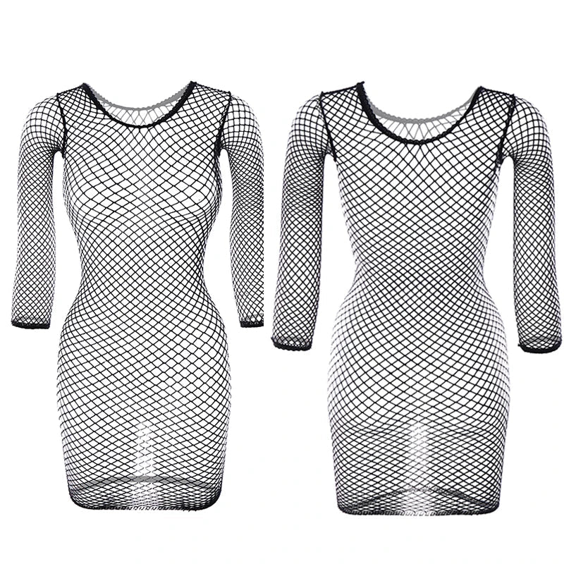 1PC Women Sexy Fishnet Beach Cover Up Long Sleeves Hollow Out Bodycon Dress See Through Summer Swimwear