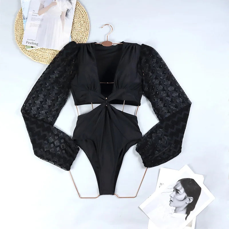 One Piece Swimsuit Sexy Long Sleeve Tropical Print Swimwear Women Bandage Monokini Hollow Out Bathing Suit String Beachwear 2023