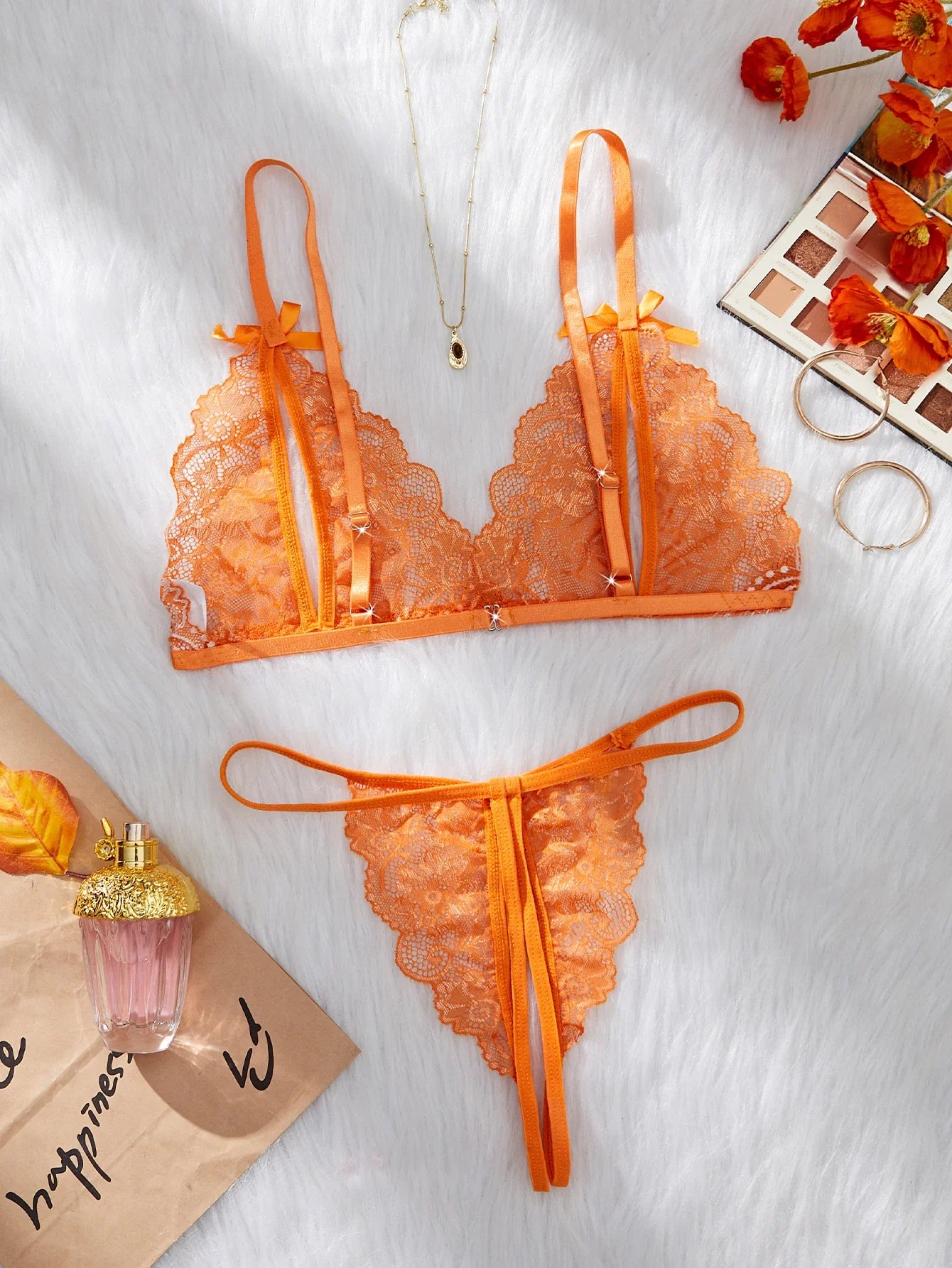 Orange Lace Contrast Sexy Lingerie For Women Open Chest Bra Thongs Sets Summer Female Underwear Cute Erotic Adult Matching Suit