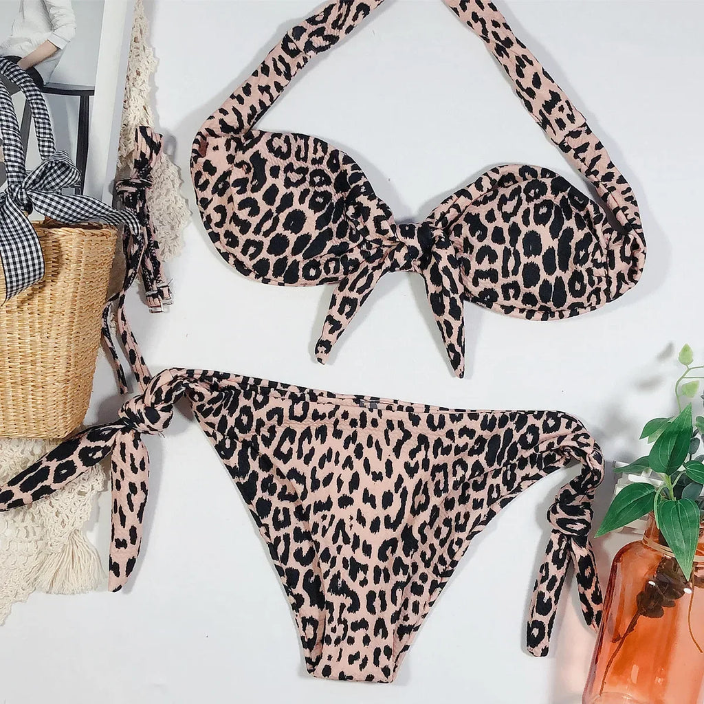2026 Sexy Bikini Bandeau Women Dot Leopard Bowknot Swimwear Swimsuit Female Beach Bikinis Set Bathing Suit Trajes De Bano Mujer