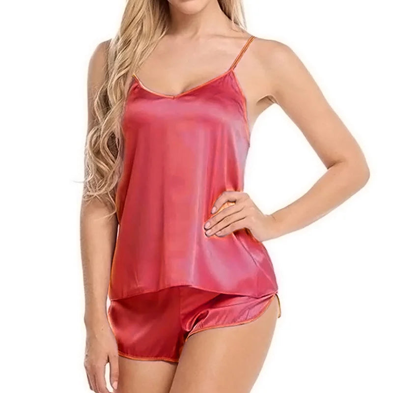 Women Satin Pajama Shorts Sets Mujer Strap Sleeveless Sexy Sleepwear Suit 2PCS  V-Neck Cami Top Short Lingerie Female Nightwear